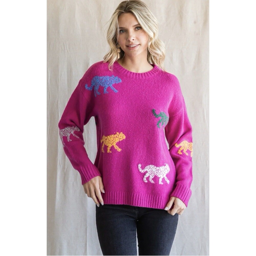 Entro NWT Multi-Color Cheetah Intarsia Knit Sweater Size Large